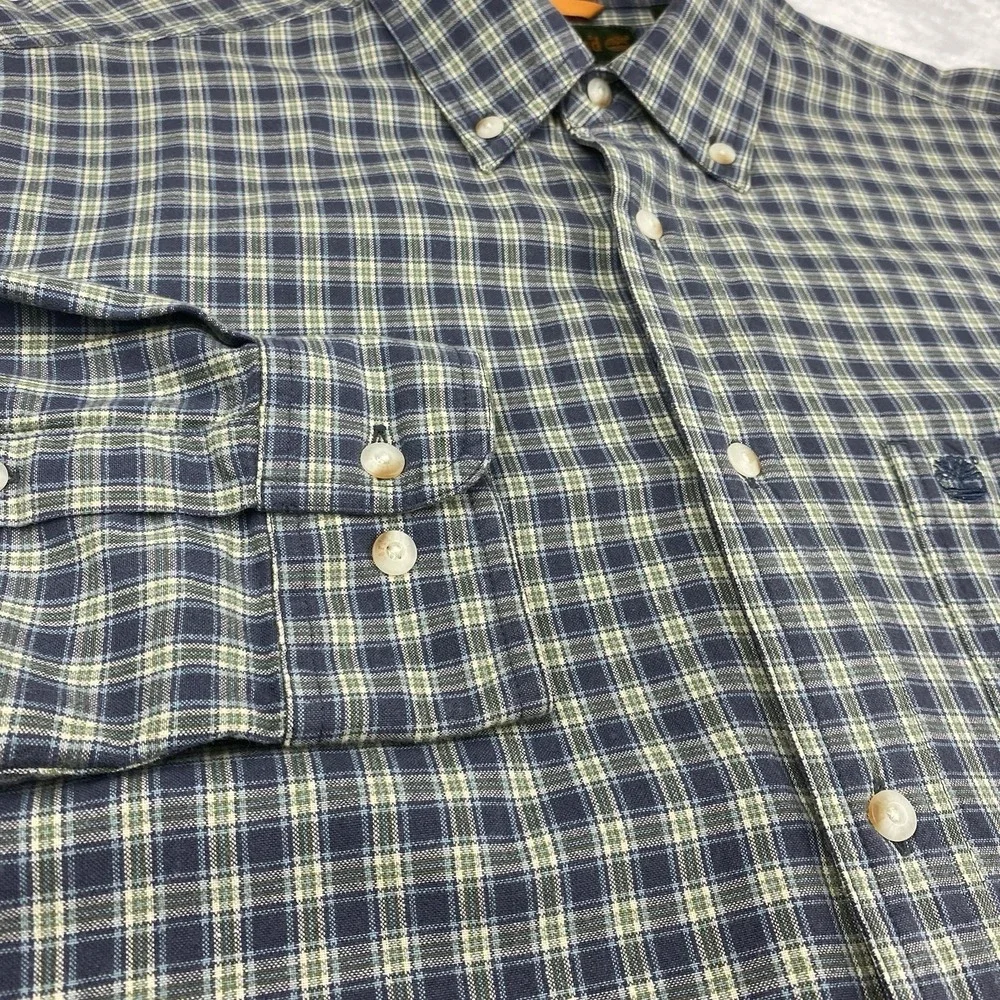 Timberland Men's Medium Blue‎ Green Plaid Button-Down Shirt Long Sleeve